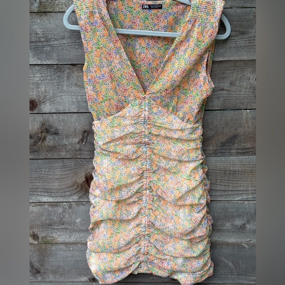 Zara Pink and Yellow Ruched Bodycon Mini Dress - Picture 2 of 10